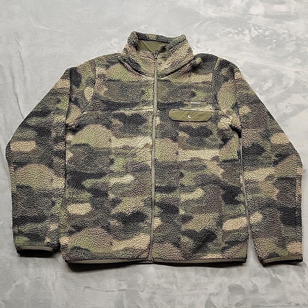 Columbia Jacket Mens Large Green Camo Sherpa Fleece Full Zip Outdoor